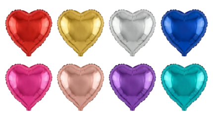Heart balloon set including red, gold, silver, blue, pink, rose, purple, and teal colors isolated. Party and romantic celebration decor collection.