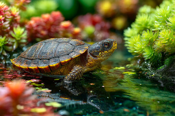 Turtle resting near colorful aquatic plants in a bright shallow pool Generative AI