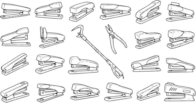 Collection of diverse office staplers, pliers, and a crowbar-like tool illustrated in a seamless black and white line art pattern, perfect for utility and stationery concepts.