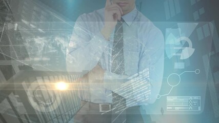 Animation of globe and data processing over businessman using smartphone - Powered by Adobe