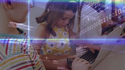 Animation of binary code over diverse pupils using laptop at school - Powered by Adobe
