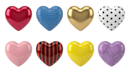 Heart shape set including red metallic, blue striped, gold chrome, polka dot, pink glossy, black vertical stripes, yellow plastic, and purple marble textures isolated. Romantic 3d icons.