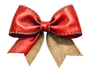 Vivid, textured red bow with stitched edges and rustic beige underlays, on black background