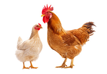 Fototapeta premium Rooster and hen standing together facing each other, isolated on a transparent background