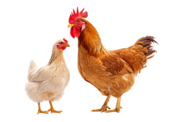Rooster and hen standing together facing each other, isolated on a transparent background