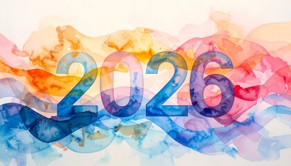 2026" in blue over colorful watercolor waves, a vision for the future