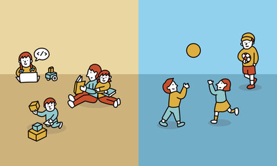インドアとアウトドアの遊び方をする子供のイラスト