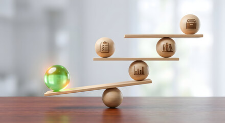 green glowing sphere and wooden balls with business icons balancing on a multi level seesaw scale representing data management project optimization and financial stability