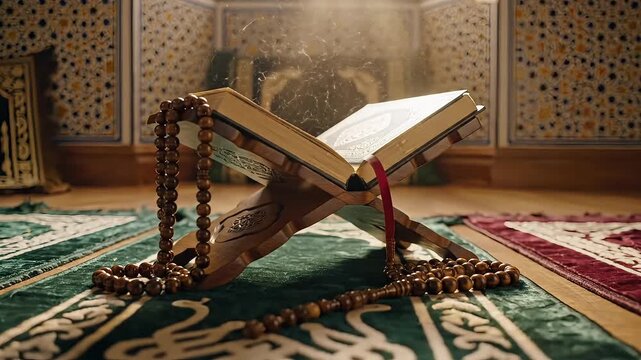 Holy Quran on a rehal, bathed in sacred light with prayer beads, representing profound spiritual reflection, devotion, and the timeless wisdom of Islamic tradition and study