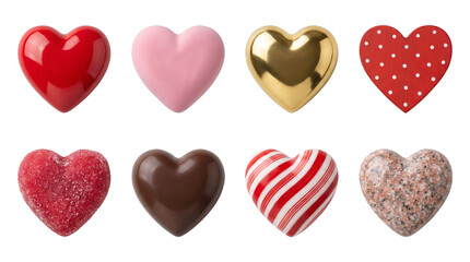 Fototapeta premium Heart shape set including red, pink, gold, chocolate, candy, and stone textures isolated. Decorative elements for valentines day and romantic design.