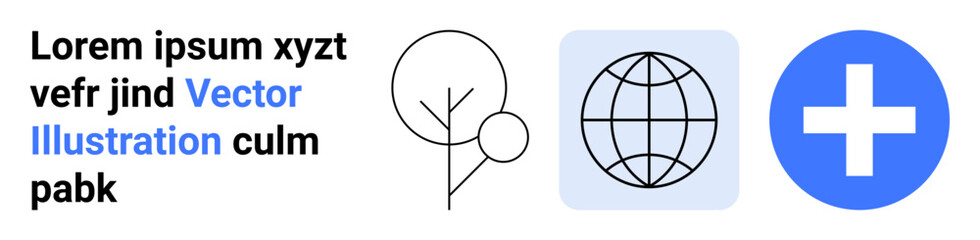 Fototapeta premium Healthcare, global communication, medical services, environmental protection, technology use, digital health. Minimalist icons display a plus sign, globe and tree outline. Medical services