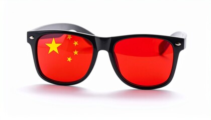 Black sunglasses with red lenses featuring Chinese flag design, including five yellow stars