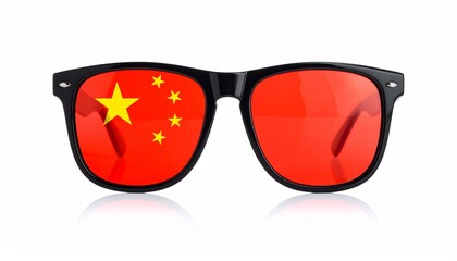 Black sunglasses with red lenses featuring Chinese flag design, including five yellow stars
