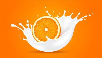 vector illustration of milk splash with orange slice on orange background.
