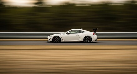 Obraz premium White sports car speeding on a racetrack with blurred background