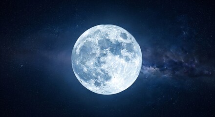Glowing full moon in a stunning starry night sky with galaxy