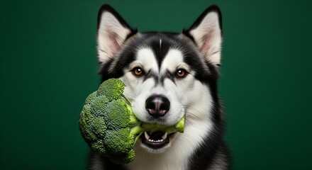 Playful husky dog holding broccoli in mouth on green background