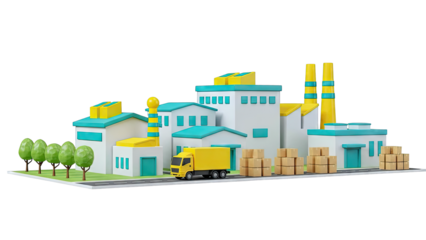 3D Cartoon Factory with Truck and Boxes