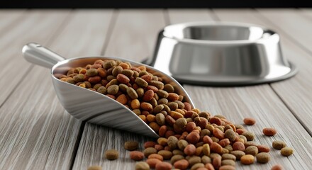 Delicious pet food in scoop and bowl on wooden table
