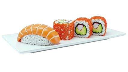 Salmon Nigiri and Tobiko Sushi Rolls on a White Plate