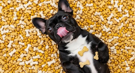 Playful black French bulldog surrounded by dog food and treats