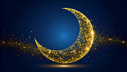 Golden sparkling crescent moon on dark blue background with glitter dust. Elegant Islamic new year or Eid design.