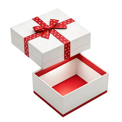 Open gift box with red ribbon isolated on white background