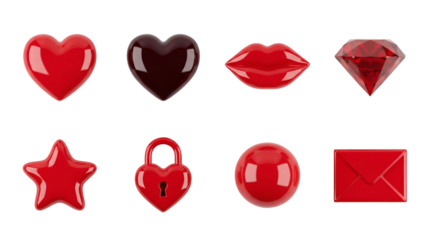 Red 3D icons set including hearts, lips, star, lock, sphere, diamond, and envelope shapes isolated. Valentine and love collection.