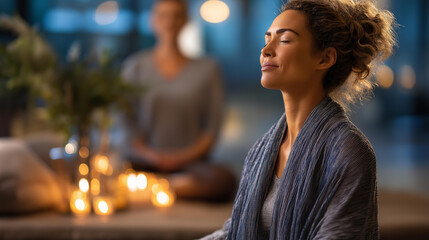 Mindfulness meditation scene in therapy setting. Person sitting peacefully with eyes closed, surrounded by calming elements like candles, cushions. Therapist guiding relaxation techniques in