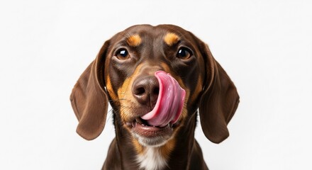Playful brown dog licking nose with tongue out on white background