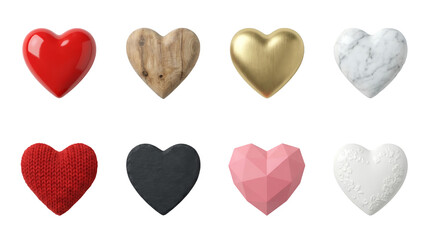 Fototapeta premium Heart shape collection including glossy plastic, wood, gold, marble, knitted yarn, slate, low poly, and ceramic textures. Romantic symbols and decor elements.