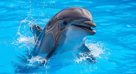 Dolphin swimming playfully in bright blue water with splashes