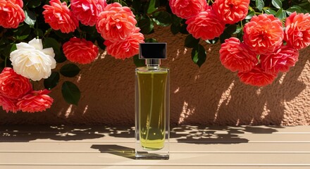 Luxurious perfume bottle on wooden table surrounded by vibrant roses