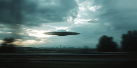 Unidentified Flying Object over road: a mysterious and sleek UFO hovering in the twilight sky over a road. Intriguing, extraterrestrial, and a touch of the unknown.