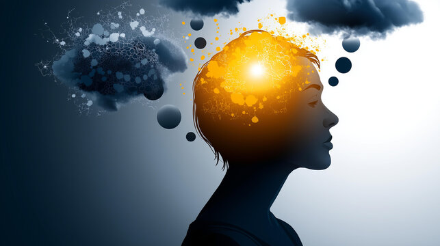 Cognitive behavioral therapy concept illustration showing a person's head with thought bubbles transforming from negative dark clouds to positive bright ideas. Visual metaphor for mental reframing.