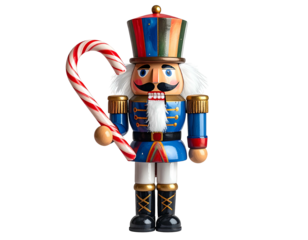 A colorful wooden nutcracker figurine holding a candy cane, set against a dark background
