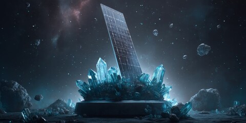 Celestial Beacon: A monolithic structure, radiating a futuristic glow, is ensconced within a crystalline formation against the expansive backdrop of space.
