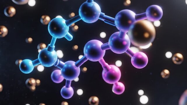 Colorful molecular structure model with connected spheres and rods blue and purple glowing against dark background scattered metallic and white particles creating futuristic scientific atmosphere