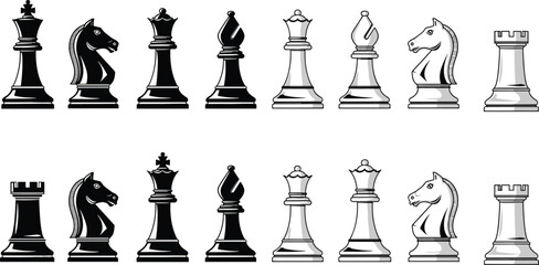 Chess pieces illustration, black and white chess set, king queen rook bishop knight icons, vector style, strategy game concept © Joyaber's World