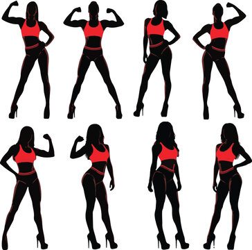 Fitness woman silhouette set in sports bra and heels, muscular female bodybuilder posing, athletic girl gym motivation vector