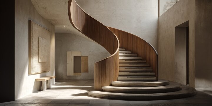 Architectural Harmony: An elegant spiral staircase ascends gracefully within a modern interior, offering a seamless blend of natural light and refined design. This image encapsulates tranquility. - Powered by Adobe