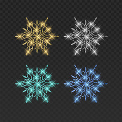 Set of four elegant vector snowflakes in gold, blue, silver, and mint green colors. Each intricate filigree crystal features a shimmering glitter texture, brilliant light flares, and magical glowing