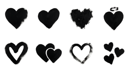 Black heart set including hand painted, solid, hollow, halo, and group variants isolated. Romantic ink and paint brush stroke icon collection.