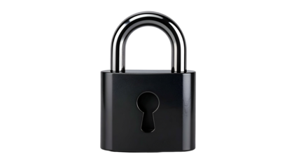 Close-up of a classic black padlock with a shiny, silver shackle, set against a black background