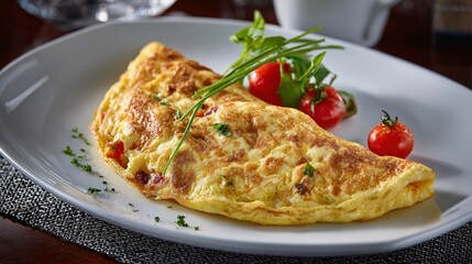 Oval omelette with precise edges, pale stone surface, refined plating