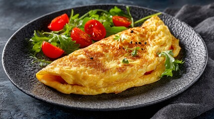 Oval omelette with precise edges, pale stone surface, refined plating