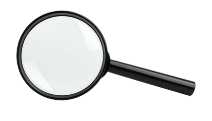 A magnifying glass with a circular lens and black handle isolated on a black background