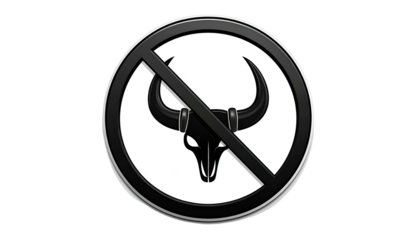 A round emblem with a skull and horns inside a circle, crossed out