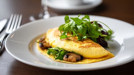 Soft omelette centered on neutral porcelain, calm fine dining look