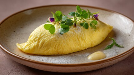 Soft omelette with barely visible curd texture, pale clay background, restrained fine dining style